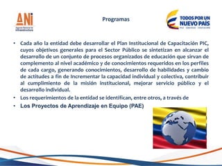 • Cada año la entidad debe desarrollar el Plan Institucional de Capacitación PIC,
cuyos objetivos generales para el Sector Público se sintetizan en alcanzar el
desarrollo de un conjunto de procesos organizados de educación que sirvan de
complemento al nivel académico y de conocimientos requeridos en los perfiles
de cada cargo, generando conocimientos, desarrollo de habilidades y cambio
de actitudes a fin de Incrementar la capacidad individual y colectiva, contribuir
al cumplimiento de la misión institucional, mejorar servicio público y el
desarrollo individual.
• Los requerimientos de la entidad se identifican, entre otros, a través de
• Los Proyectos de Aprendizaje en Equipo (PAE)
Programas
 