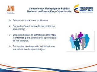 Lineamientos Pedagógicos Política
Nacional de Formación y Capacitación
 Educación basada en problemas
 Capacitación en forma de proyectos de
aprendizaje
 Establecimiento de estrategias internas
y externas para potenciar el aprendizaje
de los equipos.
 Evidencias de desarrollo individual para
la evaluación de aprendizajes
 