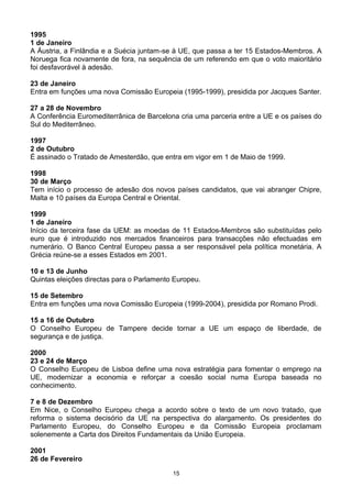 1995
1 de Janeiro
A Áustria, a Finlândia e a Suécia juntam-se à UE, que passa a ter 15 Estados-Membros. A
Noruega fica novamente de fora, na sequência de um referendo em que o voto maioritário
foi desfavorável à adesão.
23 de Janeiro
Entra em funções uma nova Comissão Europeia (1995-1999), presidida por Jacques Santer.
27 a 28 de Novembro
A Conferência Euromediterrânica de Barcelona cria uma parceria entre a UE e os países do
Sul do Mediterrâneo.
1997
2 de Outubro
É assinado o Tratado de Amesterdão, que entra em vigor em 1 de Maio de 1999.
1998
30 de Março
Tem início o processo de adesão dos novos países candidatos, que vai abranger Chipre,
Malta e 10 países da Europa Central e Oriental.
1999
1 de Janeiro
Início da terceira fase da UEM: as moedas de 11 Estados-Membros são substituídas pelo
euro que é introduzido nos mercados financeiros para transacções não efectuadas em
numerário. O Banco Central Europeu passa a ser responsável pela política monetária. A
Grécia reúne-se a esses Estados em 2001.
10 e 13 de Junho
Quintas eleições directas para o Parlamento Europeu.
15 de Setembro
Entra em funções uma nova Comissão Europeia (1999-2004), presidida por Romano Prodi.
15 a 16 de Outubro
O Conselho Europeu de Tampere decide tornar a UE um espaço de liberdade, de
segurança e de justiça.
2000
23 e 24 de Março
O Conselho Europeu de Lisboa define uma nova estratégia para fomentar o emprego na
UE, modernizar a economia e reforçar a coesão social numa Europa baseada no
conhecimento.
7 e 8 de Dezembro
Em Nice, o Conselho Europeu chega a acordo sobre o texto de um novo tratado, que
reforma o sistema decisório da UE na perspectiva do alargamento. Os presidentes do
Parlamento Europeu, do Conselho Europeu e da Comissão Europeia proclamam
solenemente a Carta dos Direitos Fundamentais da União Europeia.
2001
26 de Fevereiro
15
 