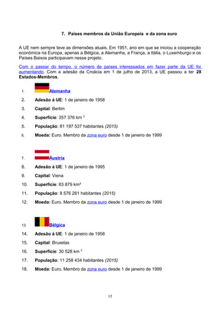 7. Países membros da União Europeia e da zona euro
A UE nem sempre teve as dimensões atuais. Em 1951, ano em que se iniciou a cooperação
económica na Europa, apenas a Bélgica, a Alemanha, a França, a Itália, o Luxemburgo e os
Países Baixos participavam nesse projeto.
Com o passar do tempo, o número de países interessados em fazer parte da UE foi
aumentando. Com a adesão da Croácia em 1 de julho de 2013, a UE passou a ter 28
Estados-Membros.
1. Alemanha
2. Adesão à UE: 1 de janeiro de 1958
3. Capital: Berlim
4. Superfície: 357 376 km 2
5. População: 81 197 537 habitantes (2015)
6. Moeda: Euro. Membro da zona euro desde 1 de janeiro de 1999
7. Áustria
8. Adesão à UE: 1 de janeiro de 1995
9. Capital: Viena
10. Superfície: 83 879 km²
11. População: 8 576 261 habitantes (2015)
12. Moeda: Euro. Membro da zona euro desde 1 de janeiro de 1999
13. Bélgica
14. Adesão à UE: 1 de janeiro de 1958
15. Capital: Bruxelas
16. Superfície: 30 528 km 2
17. População: 11 258 434 habitantes (2015)
18. Moeda: Euro. Membro da zona euro desde 1 de janeiro de 1999
17
 