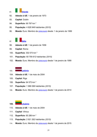 91. Irlanda
92. Adesão à UE: 1 de janeiro de 1973
93. Capital: Dublin
94. Superfície: 69 797 km 2
95. População: 4 628 949 habitantes (2015)
96. Moeda: Euro. Membro da zona euro desde: 1 de janeiro de 1999
97. Itália
98. Adesão à UE: 1 de janeiro de 1958
99. Capital: Roma
100. Superfície: 302 073 km 2
101. População: 60 795 612 habitantes (2015)
102. Moeda: Euro. Membro da zona euro desde 1 de janeiro de 1999
103. Letónia
104. Adesão à UE: 1 de maio de 2004
105. Capital: Riga
106. Superfície: 64 573 km 2
107. População: 1 986 096 habitantes (2015)
108. Moeda: Euro. Membro da zona euro desde 1 de janeiro de 2014
109. Lituânia
110. Adesão à UE: 1 de maio de 2004
111. Capital: Vilnius
112. Superfície: 65 286 km 2
113. População: 2 921 262 habitantes (2015)
114. Moeda: Euro. Membro da zona euro desde 1 de janeiro de 2015
21
 