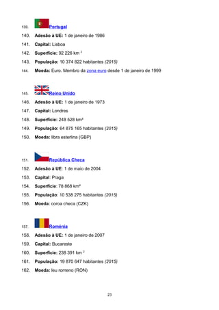 139. Portugal
140. Adesão à UE: 1 de janeiro de 1986
141. Capital: Lisboa
142. Superfície: 92 226 km 2
143. População: 10 374 822 habitantes (2015)
144. Moeda: Euro. Membro da zona euro desde 1 de janeiro de 1999
145. Reino Unido
146. Adesão à UE: 1 de janeiro de 1973
147. Capital: Londres
148. Superfície: 248 528 km²
149. População: 64 875 165 habitantes (2015)
150. Moeda: libra esterlina (GBP)
151. República Checa
152. Adesão à UE: 1 de maio de 2004
153. Capital: Praga
154. Superfície: 78 868 km²
155. População: 10 538 275 habitantes (2015)
156. Moeda: coroa checa (CZK)
157. Roménia
158. Adesão à UE: 1 de janeiro de 2007
159. Capital: Bucareste
160. Superfície: 238 391 km 2
161. População: 19 870 647 habitantes (2015)
162. Moeda: leu romeno (RON)
23
 