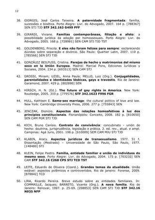 12 
38. GIORGIS, José Carlos Teixeira. A paternidade fragmentada: família, 
sucessões e bioética. Porto Alegre: Livr. do Advogado, 2007. 164 p. [788367] 
SEN STJ TJD STF 342.163 G499 PFF 
39. GIRARDI, Viviane. Famílias contemporâneas, filiação e afeto: a 
possibilidade jurídica da adoção por homossexuais. Porto Alegre: Livr. do 
Advogado, 2005. 168 p. [728981] SEN CAM STJ TJD TST 
40. GOLDENBERG, Priscila. E eles não foram felizes para sempre: esclarecendo 
dúvidas sobre separação e divórcio. São Paulo: Quartier Latin, 2007. 110 p. 
[785566] SEN STJ TJD 
41. GONZÁLEZ BEILFUSS, Cristina. Parejas de hecho y matrimonios del mismo 
sexo en la Unión Europea. Madrid: Marcial Pons, Ediciones Jurídicas y 
Sociales, 2004. 234 p. [693513] SEN CAM STJ 
42. GROSSI, Miriam; UZIEL, Anna Paula; MELLO, Luiz (Org.). Conjugalidades, 
parentalidades e identidades lésbicas, gays e travestis. Rio de Janeiro: 
Garamond, 2007. 429 p. [802890] SEN 
43. HIRSCH, H. N. (Ed.). The future of gay rights in America. New York: 
Routledge, 2005. 310 p. [779576] STF 342.1623 F996 FGR 
44. HULL, Kathleen E. Same-sex marriage: the cultural politics of love and law. 
New York: Cambridge University Press, 2006. 277 p. [755843] SEN 
45. JENCZAK, Dionízio. Aspectos das relações homoafetivas à luz dos 
princípios constitucionais. Florianópolis: Conceito, 2008. 182 p. [810650] 
SEN CAM PGR STJ TJD 
46. KICH, Bruno Canísio. Contrato de convivência: concubinato - unión de 
hecho: doutrina, jurisprudência, legislação e prática. 2. ed. rev., atual. e ampl. 
Campinas: Agá Juris, 2001. 198 p. [610009] SEM CAM MJU STJ TJD 
47. KLABIN, Aracy. Aspectos jurídicos de transexualismo. 1977. 51 f. 
Dissertação (Mestrado) – Universidade de São Paulo, São Paulo, 1977. 
[148480] STJ 
48. KLEIN, Felipe Pastro. Família, entidade familiar e união de indivíduos do 
mesmo sexo. Porto Alegre: Livr. do Advogado, 2004. 175 p. [703232] SEN 
CAM STF 342.16 C268 CPS STJ TCD TST 
49. LEITE, Eduardo de Oliveira (Coord.). Grandes temas da atualidade. União 
estável: aspectos polêmicos e controvertidos. Rio de janeiro: Forense, 2009. 
[878842] TCD 
50. LIRA, Ricardo Pereira. Breve estudo sobre as entidades familiares. In: 
COMMAILLE, Jacques; BARRETO, Vicente (Org.). A nova família. Rio de 
Janeiro: Renovar, 1997. p. 25-69. [208853] SEN CAM STJ TJD STF 342.16 
N935 NFP 
 