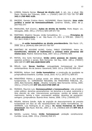 13 
51. LISBOA, Roberto Senise. Manual de direito civil. 4. ed., rev. e atual. São 
Paulo: Revista dos Tribunais, 2006-. v. [754367] CAM STJ TCD TJD TST STF 
342.1 L769 MDC 4.ED. 
52. MACEDO, Daniele Cristina Alaniz; ALEXANDRE, Eliane Sobrinho. Uma visão 
jurídica e social da homossexualidade. Londrina: EDUEL, 2003. 86 p. 
[657702] STJ 
53. MADALENO, Rolf (Coord.). Ações de direito de família. Porto Alegre: Liv. 
Advogado, 2006. 295 p. [757411] SEN CAM STJ TJD 
54. MARTINEZ, Wladimir Novaes. União homoafetiva. In: ______. Princípios de 
direito previdenciário. 5. ed. São Paulo: LTr, 2011. p. 578-583. [906177] 
TST 364.3 M385 P 5.ED. 
55. ______. A união homoafetiva no direito previdenciário. São Paulo: LTr, 
2008. 221 p. [834616] SEN CAM STJ TJD TST 
56. MARTÍNEZ DE AGUIRRE ALDAZ, Carlos; PABLO CONTRERAS, Pedro de. 
Constitución, derecho al matrimonio y uniones entre personas del 
mismo sexo. Madrid: Ediciones Rialp, 2007. 631 p. [795495] SEN 
57. MATOS, Ana Carla Harmatiuk. União entre pessoas do mesmo sexo: 
aspectos jurídicos e sociais. Belo Horizonte: Del Rey, 2004. 188 p. [709947] 
SEN CAM STJ STF 342.1628 M433 UPS 
58. MELLO, Luiz. Novas famílias: conjugalidade homossexual no Brasil 
contemporâneo. Rio de Janeiro: Garamond, 2005. 223 p. [762759] SEN CLD 
59. MOREIRA, Adilson José. União homoafetiva: a construção da igualdade na 
jurisprudência brasileira. Curitiba: Juruá, 2010. 417 p. [872771] SEN STJ 
60. MINISTÉRIO Público e justiça social: em defesa da ética e dos direitos 
fundamentais. In: CONGRESSO NACIONAL DO MINISTÉRIO PÚBLICO, 16., 
2005, Belo Horizonte. Anais... Brasília: Conamp; Belo Horizonte: Ammp, 2005. 
1052 p. [772371] STJ STF 341.413 C749 CMP-16 
61. MIZRAHI, Mauricio Luis. Homosexualidad y transexualismo: vida privada y 
orden público: derechos personalísimos: los derechos a la salud, autonomía y 
libre elección de vida: intervenciones quirúrgicas: cambio de estado civil: 
matrimonio, familia e hijos: procreación asistida: derechos de asociación: 
swingers: jurisprudência. Buenos Aires: Astrea, 2006. 179 p. [756459] STJ 
62. MOURA, Adriana Galvão. Ação de argüição de descumprimento de preceito 
fundamental em face ao não reconhecimento das uniões homoafetivas. In: 
WAMBIER, Luiz Rodrigues et al. (Org.). As novas fronteiras do direito 
processual. São Paulo: RCS Ed., 2007. p. 1-16. [785963] SEN STJ STF 341.4 
N935 NFD 
63. NAHAS, Luciana Faísca. União homossexual: proteção constitucional. 
Curitiba: Juruá, 2006. 153 p. [764436] PGR STJ 
 