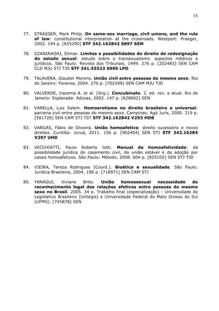 15 
77. STRASSER, Mark Philip. On same-sex marriage, civil unions, and the rule 
of law: constitutional interpretation at the crossroads. Westport: Praeger, 
2002. 194 p. [655290] STF 342.162842 S897 SSM 
78. SZANIAWSKI, Elimar. Limites e possibilidades do direito de redesignação 
do estado sexual: estudo sobre o transexualismo: aspectos médicos e 
jurídicos. São Paulo: Revista dos Tribunais, 1999. 276 p. [202483] SEN CAM 
CLD MJU STJ TJD STF 341.55523 S996 LPD 
79. TALAVERA, Glauber Moreno. União civil entre pessoas do mesmo sexo. Rio 
de Janeiro: Forense, 2004. 270 p. [702348] SEN CAM MJU TJD 
80. VALVERDE, Iracema A. et al. (Org.). Concubinato. 2. ed. rev. e atual. Rio de 
Janeiro: Esplanada: Adcoas, 2002. 147 p. [628602] SEN 
81. VARELLA, Luiz Salem. Homoerotismo no direito brasileiro e universal: 
parceria civil entre pessoas do mesmo sexo. Campinas: Agá Juris, 2000. 319 p. 
[581728] SEN CAM STJ TST STF 342.162842 V293 HDB 
82. VARGAS, Fábio de Oliveira. União homoafetiva: direito sucessório e novos 
direitos. Curitiba: Juruá, 2011. 156 p. [902404] SEN STJ STF 342.16284 
V297 UHD 
83. VECCHIATTI, Paulo Roberto Iotti. Manual da homoafetividade: da 
possibilidade jurídica do casamento civil, da união estável e da adoção por 
casais homoafetivos. São Paulo: Método, 2008. 604 p. [825102] SEN STJ TJD 
84. VIEIRA, Tereza Rodrigues (Coord.). Bioética e sexualidade. São Paulo: 
Jurídica Brasileira, 2004. 196 p. [718971] SEN CAM STJ 
85. YANAGUI, Viviane Brito. União homossexual necessidade de 
reconhecimento legal das relações afetivas entre pessoas do mesmo 
sexo no Brasil. 2005. 34 p. Trabalho final (especialização) - Universidade do 
Legislativo Brasileiro (Unilegis) e Universidade Federal do Mato Grosso do Sul 
(UFMS). [745878] SEN 
 