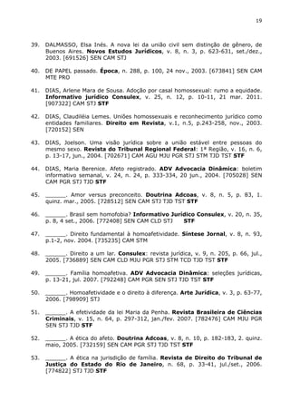 19 
39. DALMASSO, Elsa Inés. A nova lei da união civil sem distinção de gênero, de 
Buenos Aires. Novos Estudos Jurídicos, v. 8, n. 3, p. 623-631, set./dez., 
2003. [691526] SEN CAM STJ 
40. DE PAPEL passado. Época, n. 288, p. 100, 24 nov., 2003. [673841] SEN CAM 
MTE PRO 
41. DIAS, Arlene Mara de Sousa. Adoção por casal homossexual: rumo a equidade. 
Informativo jurídico Consulex, v. 25, n. 12, p. 10-11, 21 mar. 2011. 
[907322] CAM STJ STF 
42. DIAS, Claudiléia Lemes. Uniões homossexuais e reconhecimento jurídico como 
entidades familiares. Direito em Revista, v.1, n.5, p.243-258, nov., 2003. 
[720152] SEN 
43. DIAS, Joelson. Uma visão jurídica sobre a união estável entre pessoas do 
mesmo sexo. Revista do Tribunal Regional Federal: 1ª Região, v. 16, n. 6, 
p. 13-17, jun., 2004. [702671] CAM AGU MJU PGR STJ STM TJD TST STF 
44. DIAS, Maria Berenice. Afeto registrado. ADV Advocacia Dinâmica: boletim 
informativo semanal, v. 24, n. 24, p. 333-334, 20 jun., 2004. [705028] SEN 
CAM PGR STJ TJD STF 
45. ______. Amor versus preconceito. Doutrina Adcoas, v. 8, n. 5, p. 83, 1. 
quinz. mar., 2005. [728512] SEN CAM STJ TJD TST STF 
46. ______. Brasil sem homofobia? Informativo Jurídico Consulex, v. 20, n. 35, 
p. 8, 4 set., 2006. [772408] SEN CAM CLD STJ STF 
47. ______. Direito fundamental à homoafetividade. Síntese Jornal, v. 8, n. 93, 
p.1-2, nov. 2004. [735235] CAM STM 
48. ______. Direito a um lar. Consulex: revista jurídica, v. 9, n. 205, p. 66, jul., 
2005. [736889] SEN CAM CLD MJU PGR STJ STM TCD TJD TST STF 
49. ______. Família homoafetiva. ADV Advocacia Dinâmica: seleções jurídicas, 
p. 13-21, jul. 2007. [792248] CAM PGR SEN STJ TJD TST STF 
50. ______. Homoafetividade e o direito à diferença. Arte Jurídica, v. 3, p. 63-77, 
2006. [798909] STJ 
51. ______. A efetividade da lei Maria da Penha. Revista Brasileira de Ciências 
Criminais, v. 15, n. 64, p. 297-312, jan./fev. 2007. [782476] CAM MJU PGR 
SEN STJ TJD STF 
52. ______. A ética do afeto. Doutrina Adcoas, v. 8, n. 10, p. 182-183, 2. quinz. 
maio, 2005. [732159] SEN CAM PGR STJ TJD TST STF 
53. ______. A ética na jurisdição de família. Revista de Direito do Tribunal de 
Justiça do Estado do Rio de Janeiro, n. 68, p. 33-41, jul./set., 2006. 
[774822] STJ TJD STF 
 