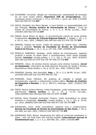 25 
118. OLTRAMARI, Fernanda. Adoção por homossexuais: possibilidade da formação 
de um novo núcleo afetivo. Repertório IOB de Jurisprudência: civil, 
processual, penal e comercial, n. 17, p. 527-519, 1. quinz. set. 2005. [741526] 
SEN CAM PGR STJ TJD STF 
119. PACCA, Elizabeth Ana Maria Meisels. A nova família e a responsabilidade civil 
dos cônjuges. Revista Jurídica da Universidade de Franca / Curso de 
Direito da Universidade de Franca, v. 5, n. 9, p. 89-98, jul./dez., 2002. 
[701967] SEN MJU STJ TJD STF 
120. PARDO, David Wilson de Abreu. O reconhecimento judicial de novos direitos 
fundamentais. Revista do Tribunal Regional Federal: 1. Região, v. 19, n. 3, 
p. 59-71, mar., 2007. [788083] SEN CAM MJU PGR STJ STM TJD TST STF 
121. PEREIRA, Rodrigo da Cunha. Uniões de pessoas do mesmo sexo: reflexões 
éticas e jurídicas. Revista da Faculdade de Direito da Universidade 
Federal do Paraná, v. 31, n. 31, p. 147-154, 1999. [595985] SEN 
122. PETRILLO SOBRINHO, Santiago. União estável de homossexuais: aspectos 
jurídicos e sociais no Brasil sobre o reconhecimento como sendo entidade 
familiar. Consulex: revista jurídica, v. 7, n. 163, p. 27, out., 2003. [672037] 
SEN CAM CLD PGR STJ STM TCD TJD TST PGR STJ TJD STF 
123. PIMENTEL, Silvia. Os direitos (homo) sexuais como direitos humanos. Jornal 
da Redesaúde: informativo da Rede Nacional Feminista de Saúde e Direitos 
Reprodutivos (Rede Saúde), n. 24, p. 30-32, dez., 2001. [786421] SEN 
124. PINHEIRO, Daniela. Sem discussão. Veja, v. 35, n. 2, p. 88-89, 16 jan., 2002. 
[614546] SEN CAM CLD TCU MTE PRO STJ TJD 
125. PINHEIRO, Paula Tathiana. Da ausência de vedação à adoção por 
homossexuais, segundo o ordenamento jurídico pátrio. Revista do Instituto 
de Pesquisas e Estudos, n. 43, p. 189-217, maio/ago., 2005. [752623] PGR 
STJ STF 
126. PINTO, Monica Cristina Moreira. União Clandestina: união homossexual; efeitos 
patrimoniais. Ciência Jurídica, v. 10, n. 72, p. 11-19, nov./dez., 
1996.[520599] SEN CAM AGU MJU PGR STJ STM TJD STF 
127. ROCHA, Maria Elizabeth Guimarães Teixeira. União homoafetiva no direito 
brasileiro e comparado. Consulex: revista jurídica, v. 14, n. 323, p. 33-35, 
jul., 2010. [889865] SEN CAM CLD MJU PGR STJ TCD TJD TST STF 
128. RODRIGUES, Irene. União homoafetiva: aspectos civis e constitucionais. 
Revista da Faculdade de Direito da Universidade de São Paulo, n. 99, p. 
661-680, jan./dez. 2004. [765612] CAM SEN STJ TJD STF 
129. RODRIGUEZ RUIZ, Blanca. Recognizing the rights of unmarried cohabitants in 
Spain : why not treat them like married couples? International Journal of 
Constitutional Law, v. 2, n. 4, p. 669-689, Oct., 2004. [718189] STF 
 