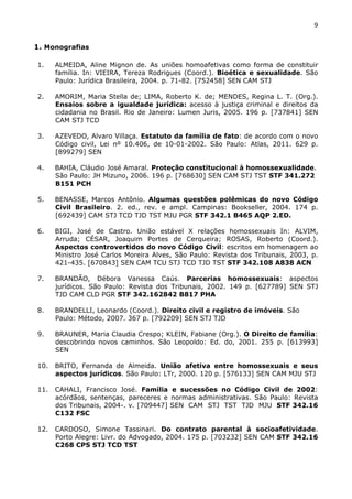 9 
1. Monografias 
1. ALMEIDA, Aline Mignon de. As uniões homoafetivas como forma de constituir 
família. In: VIEIRA, Tereza Rodrigues (Coord.). Bioética e sexualidade. São 
Paulo: Jurídica Brasileira, 2004. p. 71-82. [752458] SEN CAM STJ 
2. AMORIM, Maria Stella de; LIMA, Roberto K. de; MENDES, Regina L. T. (Org.). 
Ensaios sobre a igualdade jurídica: acesso à justiça criminal e direitos da 
cidadania no Brasil. Rio de Janeiro: Lumen Juris, 2005. 196 p. [737841] SEN 
CAM STJ TCD 
3. AZEVEDO, Alvaro Villaça. Estatuto da família de fato: de acordo com o novo 
Código civil, Lei nº 10.406, de 10-01-2002. São Paulo: Atlas, 2011. 629 p. 
[899279] SEN 
4. BAHIA, Cláudio José Amaral. Proteção constitucional à homossexualidade. 
São Paulo: JH Mizuno, 2006. 196 p. [768630] SEN CAM STJ TST STF 341.272 
B151 PCH 
5. BENASSE, Marcos Antônio. Algumas questões polêmicas do novo Código 
Civil Brasileiro. 2. ed., rev. e ampl. Campinas: Bookseller, 2004. 174 p. 
[692439] CAM STJ TCD TJD TST MJU PGR STF 342.1 B465 AQP 2.ED. 
6. BIGI, José de Castro. União estável X relações homossexuais In: ALVIM, 
Arruda; CÉSAR, Joaquim Portes de Cerqueira; ROSAS, Roberto (Coord.). 
Aspectos controvertidos do novo Código Civil: escritos em homenagem ao 
Ministro José Carlos Moreira Alves, São Paulo: Revista dos Tribunais, 2003, p. 
421-435. [670843] SEN CAM TCU STJ TCD TJD TST STF 342.108 A838 ACN 
7. BRANDÃO, Débora Vanessa Caús. Parcerias homossexuais: aspectos 
jurídicos. São Paulo: Revista dos Tribunais, 2002. 149 p. [627789] SEN STJ 
TJD CAM CLD PGR STF 342.162842 B817 PHA 
8. BRANDELLI, Leonardo (Coord.). Direito civil e registro de imóveis. São 
Paulo: Método, 2007. 367 p. [792209] SEN STJ TJD 
9. BRAUNER, Maria Claudia Crespo; KLEIN, Fabiane (Org.). O Direito de família: 
descobrindo novos caminhos. São Leopoldo: Ed. do, 2001. 255 p. [613993] 
SEN 
10. BRITO, Fernanda de Almeida. União afetiva entre homossexuais e seus 
aspectos jurídicos. São Paulo: LTr, 2000. 120 p. [576133] SEN CAM MJU STJ 
11. CAHALI, Francisco José. Família e sucessões no Código Civil de 2002: 
acórdãos, sentenças, pareceres e normas administrativas. São Paulo: Revista 
dos Tribunais, 2004-. v. [709447] SEN CAM STJ TST TJD MJU STF 342.16 
C132 FSC 
12. CARDOSO, Simone Tassinari. Do contrato parental à socioafetividade. 
Porto Alegre: Livr. do Advogado, 2004. 175 p. [703232] SEN CAM STF 342.16 
C268 CPS STJ TCD TST 
 