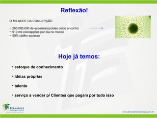 Reflexão!
O MILAGRE DA CONCEPÇÃO

• 250.000.000 de espermatozoides único encontro
• 910 mil concepções por dia no mundo
• 50% obtêm sucesso




                                 Hoje já temos:
 • estoque de conhecimento

 • Idéias próprias

 • talento

 • serviço a vender p/ Clientes que pagam por tudo isso
 