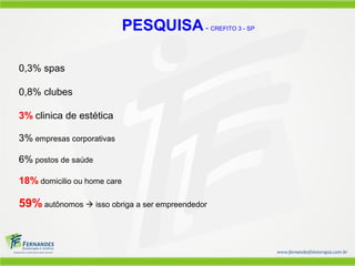 PESQUISA -          CREFITO 3 - SP




0,3% spas

0,8% clubes

3% clinica de estética

3% empresas corporativas

6% postos de saúde

18% domicilio ou home care

59% autônomos  isso obriga a ser empreendedor
 