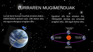 LURRAREN MUGIMENDUAK
Lurrak bere buruari bueltak ematen dizkio.
ERROTAZIOA deitzen zaio. 24h behar ditu
eta eguna eta gaua eragiten ditu
Eguzkiari ere bira ematen dio,
TRASLAZIO deritzo eta urtaroak
eragiten ditu. 365 egun behar ditu.
 