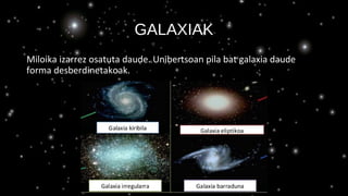 GALAXIAK
Miloika izarrez osatuta daude. Unibertsoan pila bat galaxia daude
forma desberdinetakoak.
 