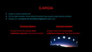 ILARGIA
❖ Ilargia Lurraren satelitea da.
❖ Ez du argirik ematen, baina argiturik ikusten dugu eguzki-argia islatzen duelako.
❖ Ilargiak ere, errotazio eta translazio-higidurak egiten ditu.
Errotazio-higidura
28 egun behar ditu Ilargiak bere
ardatzaren inguruan, bira osoa emateko.
Translazio-higidura
28 egun behar ditu Ilargiak bere
ardatzaren inguruan, bira osoa emateko.
 