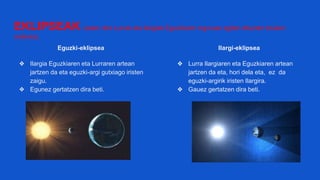 EKLIPSEAK izaten dira Lurrak eta Ilargiak Eguzkiaren inguruan egiten dituzten itzulien
ondorioz.
Eguzki-eklipsea
❖ Ilargia Eguzkiaren eta Lurraren artean
jartzen da eta eguzki-argi gutxiago iristen
zaigu.
❖ Egunez gertatzen dira beti.
Ilargi-eklipsea
❖ Lurra Ilargiaren eta Eguzkiaren artean
jartzen da eta, hori dela eta, ez da
eguzki-argirik iristen Ilargira.
❖ Gauez gertatzen dira beti.
 