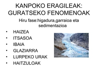 KANPOKO ERAGILEAK:
GURATSEKO FENOMENOAK
Hiru fase:higadura,garraioa eta
sedimentazioa
• HAIZEA
• ITSASOA
• IBAIA
• GLAZIARRA
• LURPEKO URAK
• HAITZULOAK
 