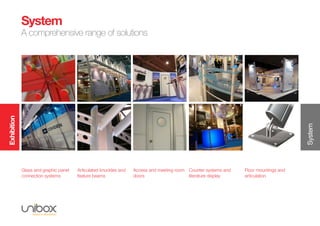 Exhibition
System
System
A comprehensive range of solutions
Glass and graphic panel
connection systems
Articulated knuckles and
feature beams
Access and meeting room
doors
Counter systems and
literature display
Floor mountings and
articulation
 