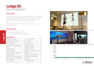 Ledge65
65
Operating Voltage 110V~240V AC
Operating Frequency 50~60Hz
Power Factor >0.9 Typical 3
Total Power Consumption1
42W per metre
LED Flexible Linear
LED Quantity 432 per metre
Luminous Flux 3024 lm per square metre
LED Operating Voltage 12V DC
Drive Current 6A per square metre
PCB Power Consumption 35W per square metre
LED Colour Temperature2
6000K
LED Lifetime4
>36,000 hours
Description
This 65mm back lit LED tension fabric graphic lightbox is manufactured
using a slim 65mm deep aluminium frame. This gives a clean, bright
look which is ideal for showing off images of your products or your
brand in a way that makes them stand out in a crowd.
The 65mm is designed to be wall mounted or can be used as a
freestanding display.
Ledge 65
Back lit lightboxes
LED Details
1. Assuming Power Supply efficiency of 80%		 2. Can vary +/- 1000K
3. Power Factor is dependent on Power Supply Unit and Load	 4. Based on Manufacturers data at 55 degrees celcius
• Up to 3.5m high x 50m width
• Quick and easy graphic change
• Even light distribution with no shadow
Key Attributes
 