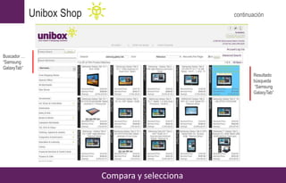 Unibox Shop continuación
Compara y selecciona
Resultado
búsqueda
“Samsung
GalaxyTab”
Buscador …
“Samsung
GalaxyTab”
 