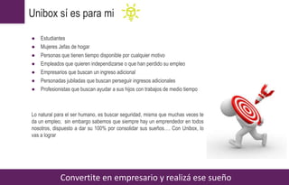 Convertite en empresario y realizá ese sueño
● Estudiantes
● Mujeres Jefas de hogar
● Personas que tienen tiempo disponible por cualquier motivo
● Empleados que quieren independizarse o que han perdido su empleo
● Empresarios que buscan un ingreso adicional
● Personadas jubiladas que buscan perseguir ingresos adicionales
● Profesionistas que buscan ayudar a sus hijos con trabajos de medio tiempo
Lo natural para el ser humano, es buscar seguridad, misma que muchas veces te
da un empleo, sin embargo sabemos que siempre hay un emprendedor en todos
nosotros, dispuesto a dar su 100% por consolidar sus sueños…. Con Unibox, lo
vas a lograr
Unibox sí es para mi
 