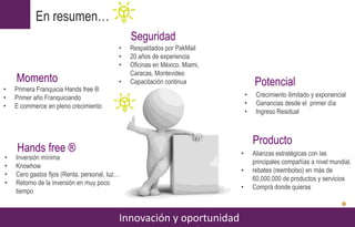 En resumen…
Innovación y oportunidad
Potencial
• Crecimiento ilimitado y exponencial
• Ganancias desde el primer día
• Ingreso Residual
Producto
• Alianzas estratégicas con las
principales compañías a nivel mundial.
• rebates (reembolso) en más de
60,000,000 de productos y servicios
• Comprá donde quieras
Seguridad
• Respaldados por PakMail
• 20 años de experiencia
• Oficinas en México, Miami,
Caracas, Montevideo
• Capacitación continuaMomento
• Primera Franquicia Hands free ®
• Primer año Franquiciando
• E commerce en pleno crecimiento
Hands free ®
• Inversión mínima
• Knowhow
• Cero gastos fijos (Renta, personal, luz…
• Retorno de la inversión en muy poco
tiempo
 