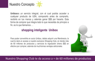 Nuestro Concepto
Uniboxes un servicio integral, con el cual podrás acceder a
cualquier producto de USA, compararlo antes de comprarlo,
recibirlo en tus manos y además ganar $$$ por hacerlo. Esta
forma de comprar que integra todo lo que necesitás de principio a
fin, es lo que llamamos …
shopping inteligente Unibox
Para poder convertirte en socio Unibox, debés adquirir una Membresía, la
cual te dará un acceso a nuestro exclusivo Shopping Club, en donde más
de 60 millones de productos y servicios te regresarán dinero $$$ en
efectivo por comprar, además de muchísimas ventajas adicionales
Nuestro Shopping Club te da acceso a + de 60 millones de productos
 