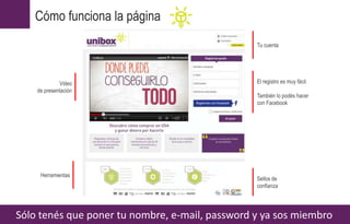 Cómo funciona la página
Sólo tenés que poner tu nombre, e-mail, password y ya sos miembro
Video
de presentación
Herramientas
Tu cuenta
Sellos de
confianza
El registro es muy fácil.
También lo podés hacer
con Facebook
 