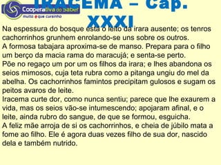 IRACEMA – Cap.
XXXINa espessura do bosque está o leito da irara ausente; os tenros
cachorrinhos grunhem enrolando-se uns sobre os outros.
A formosa tabajara aproxima-se de manso. Prepara para o filho
um berço da macia rama do maracujá; e senta-se perto.
Põe no regaço um por um os filhos da irara; e lhes abandona os
seios mimosos, cuja teta rubra como a pitanga ungiu do mel da
abelha. Os cachorrinhos famintos precipitam gulosos e sugam os
peitos avaros de leite.
Iracema curte dor, como nunca sentiu; parece que lhe exaurem a
vida, mas os seios vão-se intumescendo; apojaram afinal, e o
leite, ainda rubro do sangue, de que se formou, esguicha.
A feliz mãe arroja de si os cachorrinhos, e cheia de júbilo mata a
fome ao filho. Ele é agora duas vezes filho de sua dor, nascido
dela e também nutrido.
 