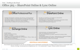 Unic – Testflug in die Cloud

Office 365 – SharePoint Online & Lync Online



      •    Flexibles Dienstangebot, Zahlweise nach Nutzung, pro Benutzerlizenz            •   My Sites zur Verwaltung und Freigabe von Dokumenten
      •    Alle Office-Funktionen und Dienstintegration mit Microsoft Office 365          •   Verbesserte Team- und Projekt-Sites
      •    Vereinfachtes Anlegen von Benutzern zur Vorkonfiguration von Diensten          •   Berechtigungen auf Dokumentebene zum Schutz vertraulicher Inhalte
      •    Stets aktuelle OfficeApps inklusive der Office WebApps                         •   Sichere Freigabe von Dokumenten mit Extranet-Sites
      •    Vertraute Office-Funktionen für die Verwendung der Dienste                     •   Übergreifende Websitesammlungssuche




                                                                                          • Sofortnachrichten und Präsenzinformationen
  • 25 GB-Postfach                                                                        • Audio- und Videoanrufe von PC zu PC
  • Outlook und Outlook WebApp                                                            • Per Klick kommunizieren mit Outlook, SharePoint & anderen Office-
  • Anti-Virus / Anti-Spam                                                                  Anwendungen
  • Freigabe von Kalender, Kontakten und Aufgaben                                         • Onlinebesprechungen mit PC-Audio, Videokonferenzen & Bildschirmfreigabe
  • E-Mail-Zugang mit mobilen Endgeräten wie BlackBerry-, iPhone-, Nokia- und             • Mit Outlook Besprechungen beginnen und daran teilnehmen
    Windows Phone-Mobiltelefonen                                                          • Kalenderintegration in Outlook und Exchange
  • E-Mail-Archivierung und Einhaltung von Richtlinien


                                                                      KONTROLLE UND EFFIZIENZ
          Eine einheitliche Benutzeroberfläche für den Kauf, die Verwaltung und den rollenbasierten Anwenderzugriff | Einmalige Anmeldung mit lokal vor Ort genutztem Active
                           Directory | 99,9%ige, finanziell gesicherte Verfügbarkeit per SLA | 24x7 professioneller IT-Support | Weltweit verteilte Rechenzentren


© Unic - Seite 4
 