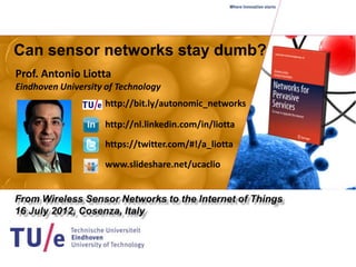 Can sensor networks stay dumb?
Prof. Antonio Liotta
Eindhoven University of Technology
                     http://bit.ly/autonomic_networks

                     http://nl.linkedin.com/in/liotta
                     https://twitter.com/#!/a_liotta

                     www.slideshare.net/ucaclio
 