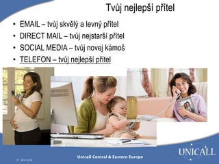 • EMAIL – tvůj skvělý a levný přítel 
• DIRECT MAIL – tvůj nejstarší přítel 
• SOCIAL MEDIA – tvůj novej kámoš 
• TELEFON – tvůj nejlepší přítel 
9 2014-12-10 
Tvůj nejlepší přítel 
 
