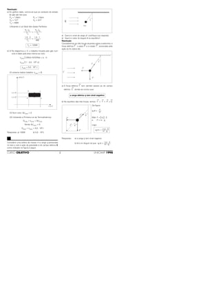 Resolução
a) Do gráfico dado, conclui-se que as variáveis de estado
do gás são tais que:
PA = 1,0atm PC = 1,5atm
VA = 1m3 VC = 2m3
TA = 400K
Utilizando a Lei Geral dos Gases Perfeitos:
PC VC PA VA
–––––––– = ––––––––
TC TA
1,5 . 2 1,0 . 1
––––––– = –––––––
TC 400
b) (I) No diagrama p x V, o trabalho trocado pelo gás num
ciclo é dado pela área interna ao ciclo:
τciclo
N
= ÁREA INTERNA = b . H
τciclo
N
= 1 . 0,5 . 105 (J)
(O sistema realiza trabalho: τciclo > 0)
(II) Num ciclo: ∆Uciclo = 0
(III) Utilizando a Primeira Lei de Termodinâmica:
Qciclo = τciclo + ∆Uciclo
Sendo ∆Uciclo = 0:
Qciclo = τciclo = 5,0 . 104J
Respostas: a) 1200K b) 5,0 . 104J
Considere uma esfera de massa m e carga q pendurada
no teto e sob a ação da gravidade e do campo elétrico E
como indicado na figura a seguir.
a) Qual é o sinal da carga q? Justifique sua resposta.
b) Qual é o valor do ângulo θ no equilíbrio?
Resolução
Consideremos as três forças atuantes sobre a esferinha: a
força elétrica F
→
, o peso P
→
e a tração T
→
, provocada pela
ação do fio sobre ela:
a) A força elétrica F
→
tem sentido oposto ao do campo
elétrico E
→
, donde se conclui que:
b) No equilíbrio das três forças, temos: F
→
+ T
→
+ P
→
= O
→
Da figura:
tg θ =
Mas: F = | q | . E
e P = m . g
Logo:
Respostas: a) a carga q tem sinal negativo
b) θ é um ângulo tal que:
| q | . E
tg θ = –––––––
m . g
| q | . E
tg θ = ––––––––
m . g
F
–––
P
θ
θ
–
a carga elétrica q tem sinal negativo
θ
05
1 2
A
B C
D
1,0.105
V (m3
)
p(N/m2
)
1,5.105
τciclo = 5,0 . 104 J
TC = 1200K
3CURSO OBJETIVO UNICAMP 1998
 