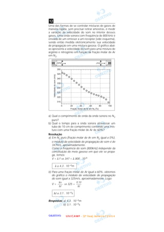 OOOOBBBBJJJJEEEETTTTIIIIVVVVOOOO
Uma das formas de se controlar misturas de gases de
maneira rápida, sem precisar retirar amostras, é medir
a variação da velocidade do som no interior desses
gases. Uma onda sonora com freqüência de 800 kHz é
enviada de um emissor a um receptor (vide esquema),
sendo então medida eletronicamente sua velocidade
de propagação em uma mistura gasosa. O gráfico abai-
xo apresenta a velocidade do som para uma mistura de
argônio e nitrogênio em função da fração molar de Ar
em N2.
a) Qual o comprimento de onda da onda sonora no N2
puro?
b) Qual o tempo para a onda sonora atravessar um
tubo de 10 cm de comprimento contendo uma mis-
tura com uma fração molar de Ar de 60%?
Resolução
a) Em N2 puro (fração molar de Ar em N2 igual a 0%),
o módulo da velocidade de propagação do som é de
347m/s, aproximadamente.
Como a freqüência do som (800kHz) independe da
constituição do meio gasoso em que ele se propa-
ga, temos:
V = λ f ⇒ 347 = λ 800 . 103
b) Para uma fração molar de Ar igual a 60%, obtemos
do gráfico o módulo da velocidade de propagação
do som igual a 325m/s, aproximadamente. Logo:
V = ⇒ 325 =
Respostas: a) 4,3 . 10 –4m
b) 3,1 . 10–4s
∆t ≅ 3,1 . 10–4s
0,10
––––
∆t
∆s
––––
∆t
λ ≅ 4,3 . 10 –4m
12
UUUU NNNN IIII CCCC AAAA MMMM PPPP ---- (((( 2222 ªªªª FFFF aaaa ssss eeee )))) JJJJ aaaa nnnn eeee iiii rrrr oooo //// 2222 0000 0000 4444
 