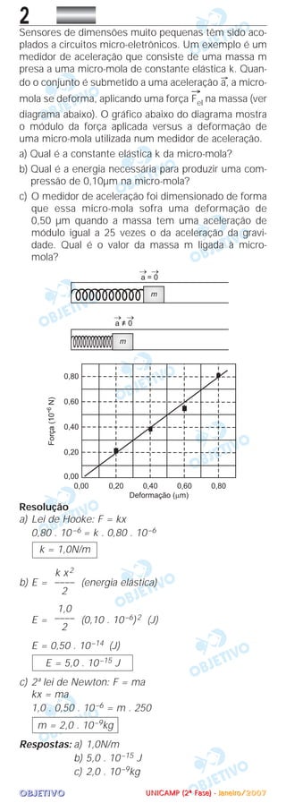 OOOOBBBBJJJJEEEETTTTIIIIVVVVOOOO
2Sensores de dimensões muito pequenas têm sido aco-
plados a circuitos micro-eletrônicos. Um exemplo é um
medidor de aceleração que consiste de uma massa m
presa a uma micro-mola de constante elástica k. Quan-
do o conjunto é submetido a uma aceleração
→
a, a micro-
mola se deforma, aplicando uma força
→
Fel na massa (ver
diagrama abaixo). O gráfico abaixo do diagrama mostra
o módulo da força aplicada versus a deformação de
uma micro-mola utilizada num medidor de aceleração.
a) Qual é a constante elástica k da micro-mola?
b) Qual é a energia necessária para produzir uma com-
pressão de 0,10µm na micro-mola?
c) O medidor de aceleração foi dimensionado de forma
que essa micro-mola sofra uma deformação de
0,50 µm quando a massa tem uma aceleração de
módulo igual a 25 vezes o da aceleração da gravi-
dade. Qual é o valor da massa m ligada à micro-
mola?
Resolução
a) Lei de Hooke: F = kx
0,80 . 10 –6 = k . 0,80 . 10–6
b) E = (energia elástica)
E = (0,10 . 10–6)2 (J)
E = 0,50 . 10–14 (J)
c) 2ª lei de Newton: F = ma
kx = ma
1,0 . 0,50 . 10–6 = m . 250
Respostas: a) 1,0N/m
b) 5,0 . 10–15 J
c) 2,0 . 10–9kg
m = 2,0 . 10–9kg
E = 5,0 . 10–15 J
1,0
––––
2
k x2
––––
2
k = 1,0N/m
UUUUNNNNIIIICCCCAAAAMMMMPPPP ((((2222ªªªª FFFFaaaasssseeee)))) ---- JJJJaaaannnneeeeiiiirrrroooo////2222000000007777
 