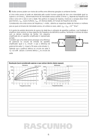 6
Resolução (será considerado apenas o que estiver dentro deste espaço).
RASCUNHO
6. Ruídos sonoros podem ser motivo de conflito entre diferentes gerações no ambiente familiar.
a) Uma onda sonora só pode ser detectada pelo ouvido humano quando ela tem uma intensidade igual ou
superior a um limite 0I , denominado limiar de intensidade sonora audível. O limiar 0I depende da frequência da
onda e varia com o sexo e com a idade. Nos gráficos no espaço de resposta, mostra-se a variação desse limiar
para homens, 0HI , e para mulheres, 0MI , em diversas idades, em função da frequência da onda.
Considerando uma onda sonora de frequência 6 kHzf = , obtenha as respectivas idades de homens e mulheres
para as quais os limiares de intensidade sonora, em ambos os casos, valem 11 2
0 0 10 W/mH MI I −
= = .
b) A perda da audição decorrente do avanço da idade leva à utilização de aparelhos auditivos, cuja finalidade é
amplificar sinais sonoros na faixa específica de frequência da deficiência auditiva, facilitando o convívio do idoso
com os demais membros da família. Um esquema
simplificado de um aparelho amplificador é representado
ao lado.
Considere que uma onda sonora provoque uma diferença
de potencial no circuito de entrada do aparelho
amplificador igual a 10 mVeV = e que a diferença de
potencial de saída sV é igual a 50 vezes a de entrada eV .
Sabendo que a potência elétrica no circuito de saída é
0,3 mWsP = calcule a corrente elétrica S
i no circuito de
saída.
 