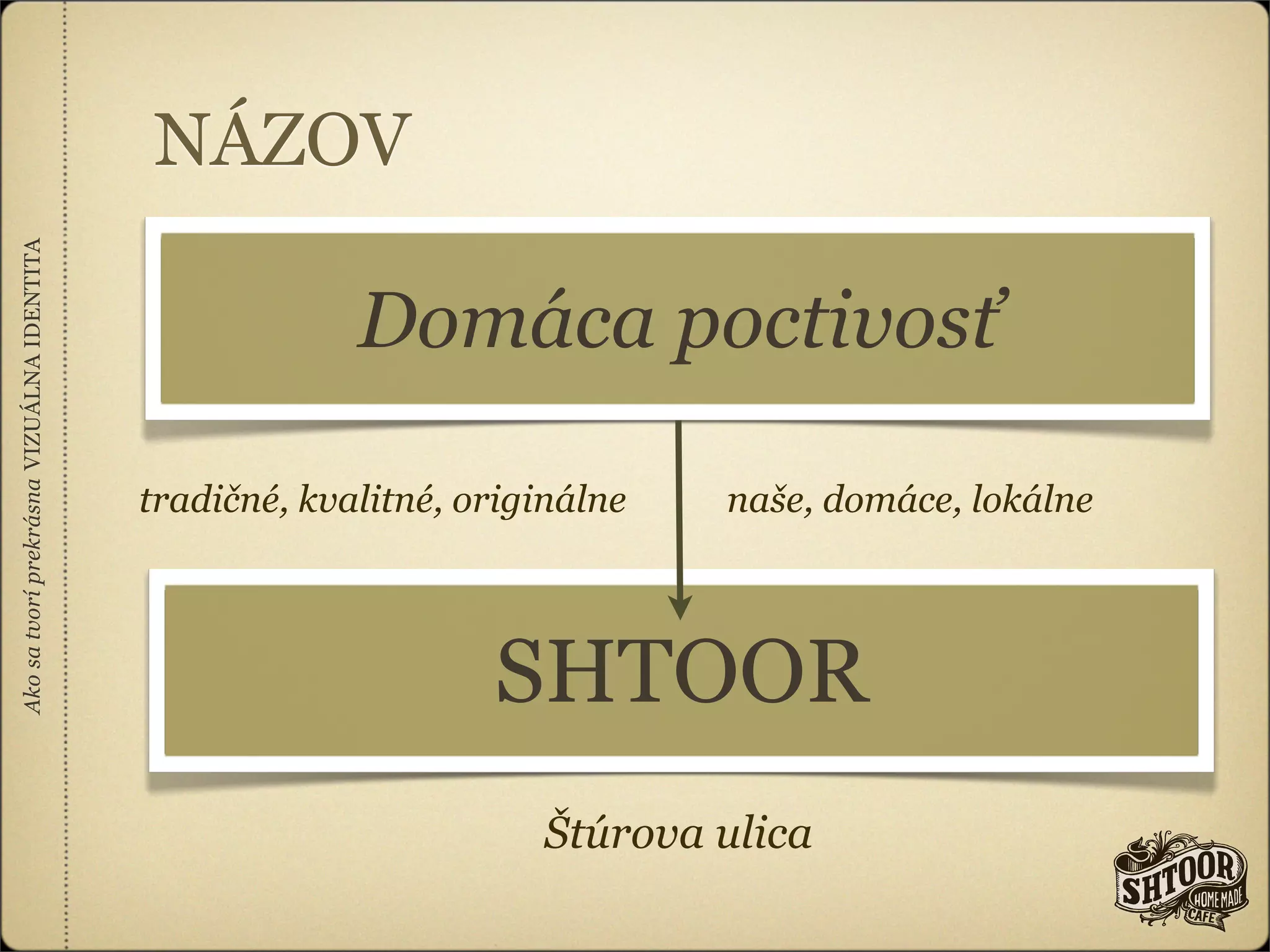 NÁZOV
Ako sa tvorí prekrásna VIZUÁLNA IDENTITA




                                                        Domáca poctivosť

                                           tradičné, kvalitné, originálne   naše, domáce, lokálne




                                                                SHTOOR
                                                                   Štúrova ulica
 