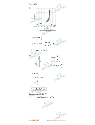 Resolução
a)
EC = h ν = h
EC = 6,6 . 10–34 . (J)
b)
1) sen θ =
L = d . sen θ
L = d . 0,25 =
2) 2L = λ
λ = 2L = 2
λ =
Respostas: a) 6,6 . 10–15J
b) 0,30 nm = 3,0 . 10–10m
c
––
λ
3,0 . 108
––––––––––
30 . 10–12
EC = 6,6 . 10–15J
L
––
d
d
––
4
d
––
4
d
––
2
d = 2λ = 0,30 nm
UUNNIICCAAMMPP ((22..AA
FFAA SS EE )) —— JJAANNEEIIRROO//22001122
 