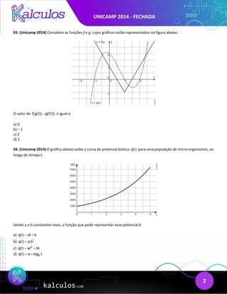 UNICAMP 2014 - FECHADA
2
03. (Unicamp 2014) Considere as funções f e g, cujos gráficos estão representados na figura abaixo.
O valor de f(g(1)) g(f(1))
− é igual a
a) 0
b) – 1
c) 2
d) 1
04. (Unicamp 2014) O gráfico abaixo exibe a curva de potencial biótico q(t) para uma população de micro-organismos, ao
longo do tempo t.
Sendo a e b constantes reais, a função que pode representar esse potencial é
a) q(t) at b.
= +
b) t
q(t) a b .
=
c) 2
q(t) at bt.
= +
d) b
q(t) a log t.
= +
 