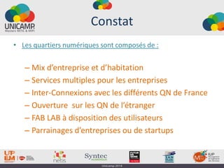 Constat
• Les quartiers numériques sont composés de :
– Mix d’entreprise et d’habitation
– Services multiples pour les entreprises
– Inter-Connexions avec les différents QN de France
– Ouverture sur les QN de l’étranger
– FAB LAB à disposition des utilisateurs
– Parrainages d’entreprises ou de startups
 