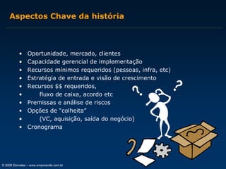 Aspectos Chave da história

•
•
•
•
•
•
•
•
•
•

Oportunidade, mercado, clientes
Capacidade gerencial de implementação
Recursos mínimos requeridos (pessoas, infra, etc)
Estratégia de entrada e visão de crescimento
Recursos $$ requeridos,
fluxo de caixa, acordo etc
Premissas e análise de riscos
Opções de “colheita”
(VC, aquisição, saída do negócio)
Cronograma

© 2006 Dornelas – www.empreende.com.br

 