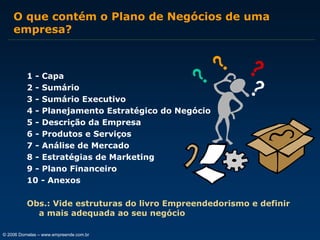 O que contém o Plano de Negócios de uma
empresa?

1 - Capa
2 - Sumário
3 - Sumário Executivo
4 - Planejamento Estratégico do Negócio
5 - Descrição da Empresa
6 - Produtos e Serviços
7 - Análise de Mercado
8 - Estratégias de Marketing
9 - Plano Financeiro
10 - Anexos
Obs.: Vide estruturas do livro Empreendedorismo e definir
a mais adequada ao seu negócio
© 2006 Dornelas – www.empreende.com.br

 