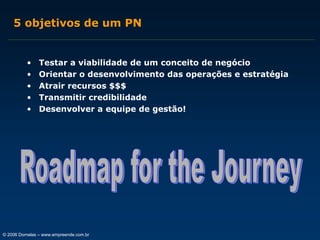 5 objetivos de um PN

•
•
•
•
•

Testar a viabilidade de um conceito de negócio
Orientar o desenvolvimento das operações e estratégia
Atrair recursos $$$
Transmitir credibilidade
Desenvolver a equipe de gestão!

© 2006 Dornelas – www.empreende.com.br

 