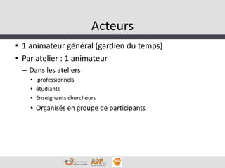 Acteurs
• 1 animateur général (gardien du temps)
• Par atelier : 1 animateur
– Dans les ateliers
• professionnels
• étudiants
• Enseignants chercheurs
• Organisés en groupe de participants
 