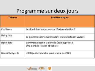 Programme sur deux jours
Thèmes Problématiques
Confiance Le cloud dans un processus d’externalisation ?
Living labs
Le processus d’innovation dans les laboratoires vivants
Open data Comment obtenir la donnée (public/privé).S
Une donnée fraiche et fiable ?
Lieux intelligents intelligent et durable pour la ville de 2023
 