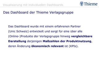 Visualisierung mit individuellen Dashboards

Das Dashboard der Thieme Verlagsgruppe



   Das Dashboard wurde mit einem erfahrenen Partner
   (Unic Schweiz) entwickelt und sorgt für eine über alle
   (Online-)Produkte der Verlagsgruppe hinweg vergleichbare
   Darstellung derjenigen Maßzahlen der Produktnutzung,
   deren Änderung ökonomisch relevant ist (KPIs).
 