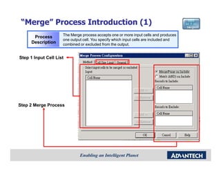“Merge” Process Introduction (1)
                     The Merge process accepts one or more input cells and produces
       Process
                     one output cell. You specify which input cells are included and
      Description    combined or excluded from the output.


Step 1 Input Cell List




Step 2 Merge Process
 