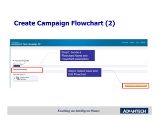 Create Campaign Flowchart (2)



             Step2: decide a
             Flowchart Name and
             Flowchart Description



                  Step3: Select Save and
                  Edit Flowchart
 