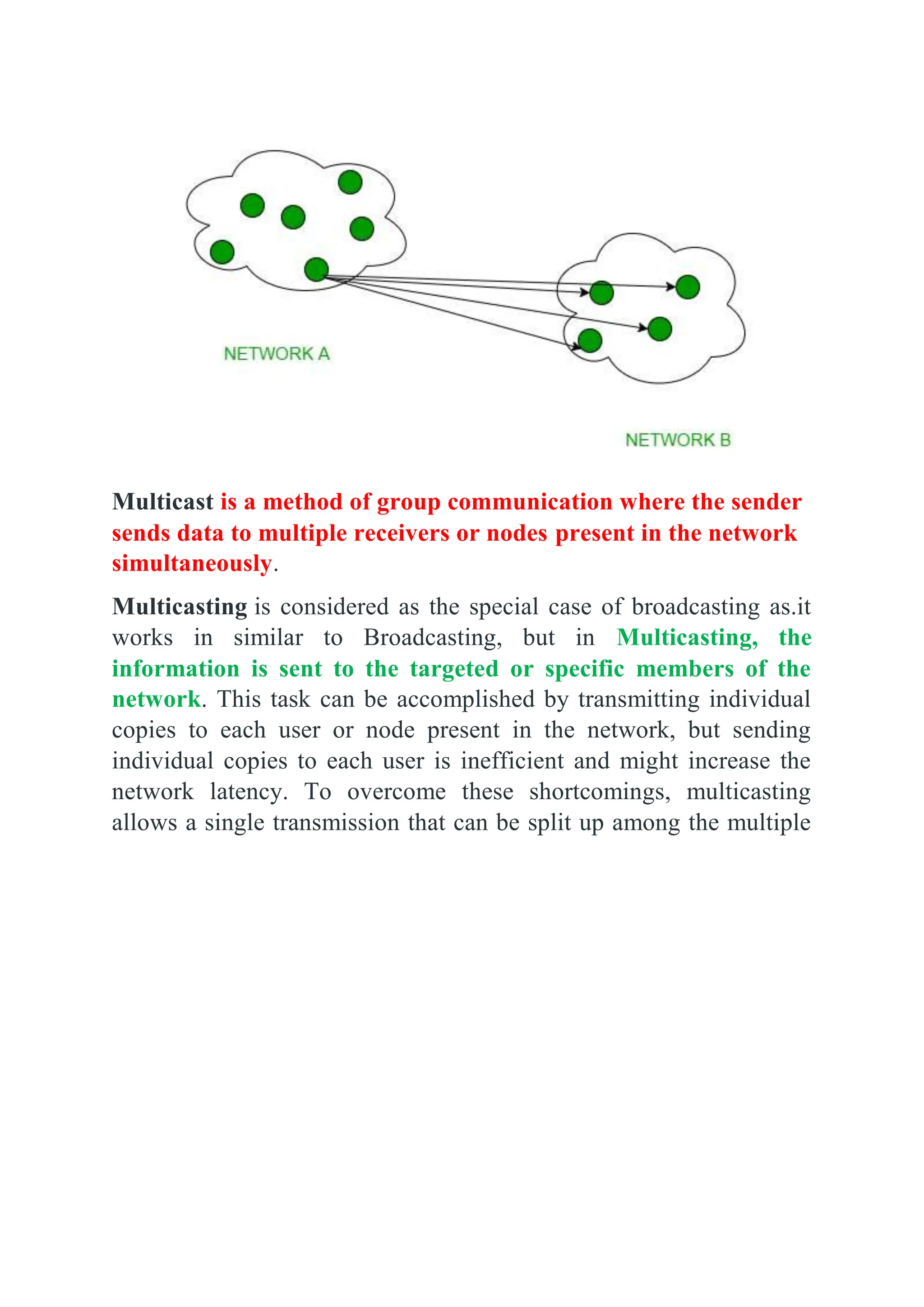 Multicast is a method of group communication where the sender
sends data to multiple receivers or nodes present in the network
simultaneously.
Multicasting is considered as the special case of broadcasting as.it
works in similar to Broadcasting, but in Multicasting, the
information is sent to the targeted or specific members of the
network. This task can be accomplished by transmitting individual
copies to each user or node present in the network, but sending
individual copies to each user is inefficient and might increase the
network latency. To overcome these shortcomings, multicasting
allows a single transmission that can be split up among the multiple
 