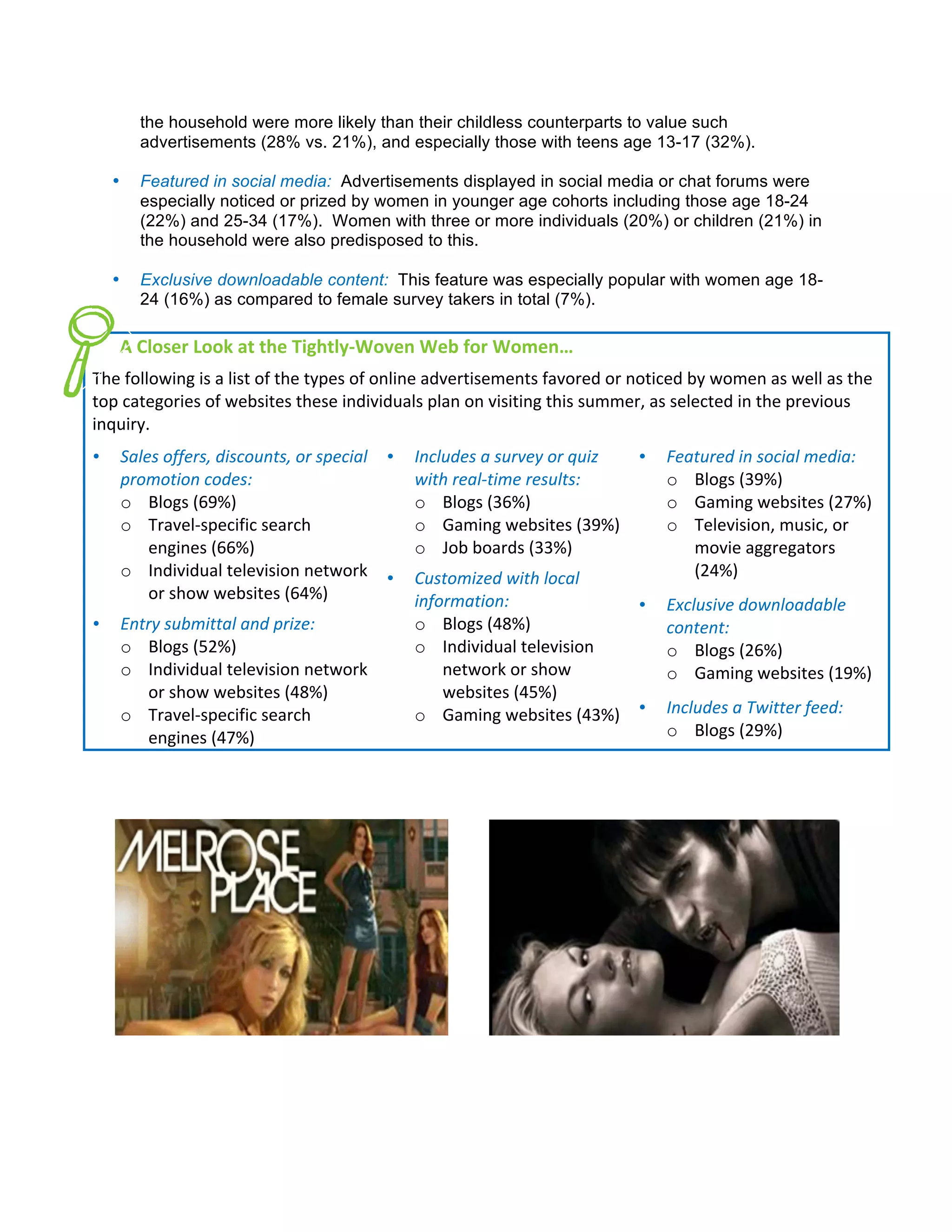 the household were more likely than their childless counterparts to value such
                      advertisements (28% vs. 21%), and especially those with teens age 13-17 (32%).

       •              Featured in social media: Advertisements displayed in social media or chat forums were
                      especially noticed or prized by women in younger age cohorts including those age 18-24
                      (22%) and 25-34 (17%). Women with three or more individuals (20%) or children (21%) in
                      the household were also predisposed to this.

       •              Exclusive downloadable content: This feature was especially popular with women age 18-
                      24 (16%) as compared to female survey takers in total (7%).
       	
  
	
  	
  	
  	
  	
  	
  A	
  Closer	
  Look	
  at	
  the	
  Tightly-­‐Woven	
  Web	
  for	
  Women…	
  
	
  


The	
  following	
  is	
  a	
  list	
  of	
  the	
  types	
  of	
  online	
  advertisements	
  favored	
  or	
  noticed	
  by	
  women	
  as	
  well	
  as	
  the	
  
top	
  categories	
  of	
  websites	
  these	
  individuals	
  plan	
  on	
  visiting	
  this	
  summer,	
  as	
  selected	
  in	
  the	
  previous	
  
inquiry.	
  
	
  


•             Sales	
  offers,	
  discounts,	
  or	
  special	
   •   Includes	
  a	
  survey	
  or	
  quiz	
   •       Featured	
  in	
  social	
  media:	
  	
  
              promotion	
  codes:	
  	
                               with	
  real-­‐time	
  results:	
                 o Blogs	
  (39%)	
  
              o Blogs	
  (69%)	
                                      o Blogs	
  (36%)	
                                o Gaming	
  websites	
  (27%)	
  
              o Travel-­‐specific	
  search	
                         o Gaming	
  websites	
  (39%)	
                   o Television,	
  music,	
  or	
  
                  engines	
  (66%)	
                                  o Job	
  boards	
  (33%)	
                           movie	
  aggregators	
  
              o Individual	
  television	
  network	
   •                                                                  (24%)	
  
                                                                      	
  


                                                                      Customized	
  with	
  local	
     	
  
                  or	
  show	
  websites	
  (64%)	
                   information:	
  	
  	
  
                       	
                                                                               •               Exclusive	
  downloadable	
  
•             Entry	
  submittal	
  and	
  prize:	
  	
  	
           o Blogs	
  (48%)	
                                content:	
  	
  
              o Blogs	
  (52%)	
                                      o Individual	
  television	
                      o Blogs	
  (26%)	
  
              o Individual	
  television	
  network	
                     network	
  or	
  show	
                       o Gaming	
  websites	
  (19%)	
  
                 or	
  show	
  websites	
  (48%)	
                        websites	
  (45%)	
                           	
  


              o Travel-­‐specific	
  search	
                         o Gaming	
  websites	
  (43%)	
   •               Includes	
  a	
  Twitter	
  feed:	
  
                 engines	
  (47%)	
                           	
                                                        o Blogs	
  (29%)	
  
       	
  
       	
  
       	
  




                                                                             	
  	
  	
  	
  	
  	
  	
  	
  	
                                             	
  
       	
  
       	
  
       	
  	
  	
                                                                                                                  	
  
 