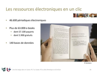 Les ressources électroniques en un clic
 46.600 périodiques électroniques
 Plus de 63.000 e-books
 dont 57.100 payants
 dont 5.900 gratuits
 140 bases de données
Une BU belge dans le Sudoc-PS ? Le Sudoc-PS à côté d’Antilope et d’UniCat 39
© Booksplus
 