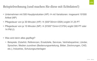 © Unic - Seite 19
• Unternehmen mit 500 Hauptprodukten (HP)  mit Variationen: insgesamt 10‘000
Artikel (NP)
• Pflegedauer von je 30 Minuten (HP)  (500*30min=250h) ergibt 31.25 PT
• Pflegedauer von je 15 Minuten (NP)  (9‘500*15min=2‘375h) ergibt 300 PT oder
14 PM (!)
• Was wird denn alles gepflegt?
• Beispiele: Zubehör, Referenzen, Ersatzteile, Services, Vertriebspartner, Länder,
Sprachen, Medien zuordnen (Bedienungsanleitung, Bilder, Zeichnungen, CAD,
etc.), Industries, Schulungsunterlagen
Beispielrechnung (und machen Sie diese mit Echtdaten!)
 